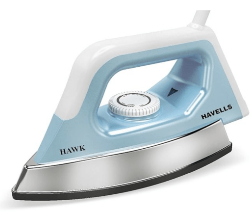 Havells ABS Hawk 1100 Watt Heavy Weight Dry Iron With American Heritage Non Stick Sole Plate, Aerodynamic Design, Easy Grip Temperature Knob & 2 Years Warranty. (Blue & White), 1100 Watts